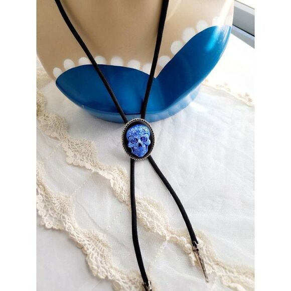 Royal Blue Sugar Skull Silver Tip Black Western Southwest Bolo Tie Necklace Pend - Picture 4 of 6